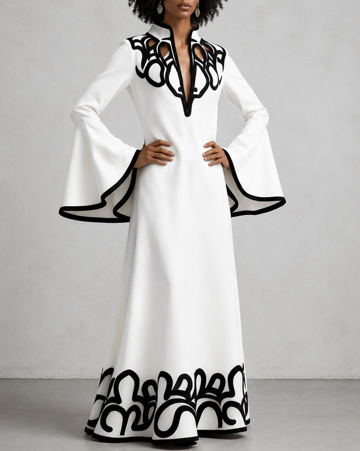Flared Sleeves Loose Contrast Color Hollow Stand Collar Maxi Dresses
