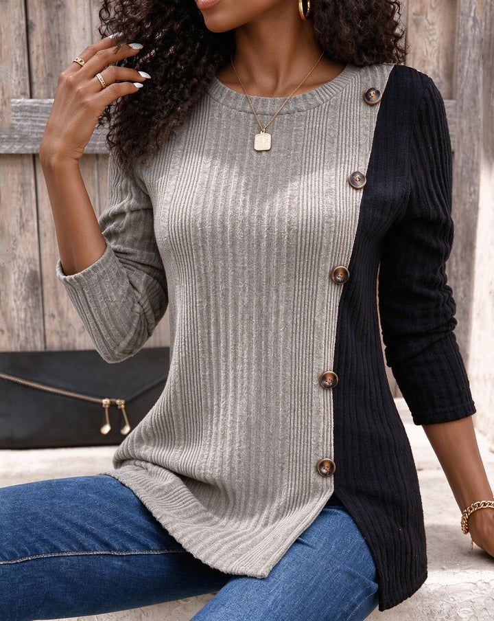 Women Color Block Ribbed Knit Button Decor Asymmetric Hem Tunic Top