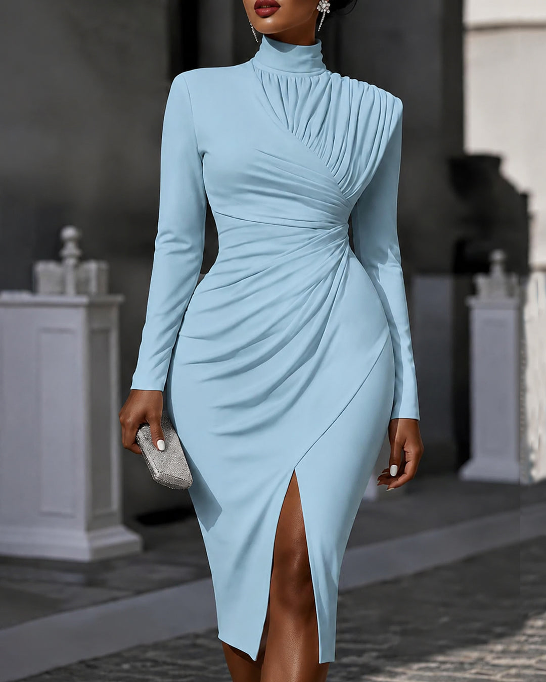 Turtleneck Long Sleeve Ruched Wrap Midi Dress