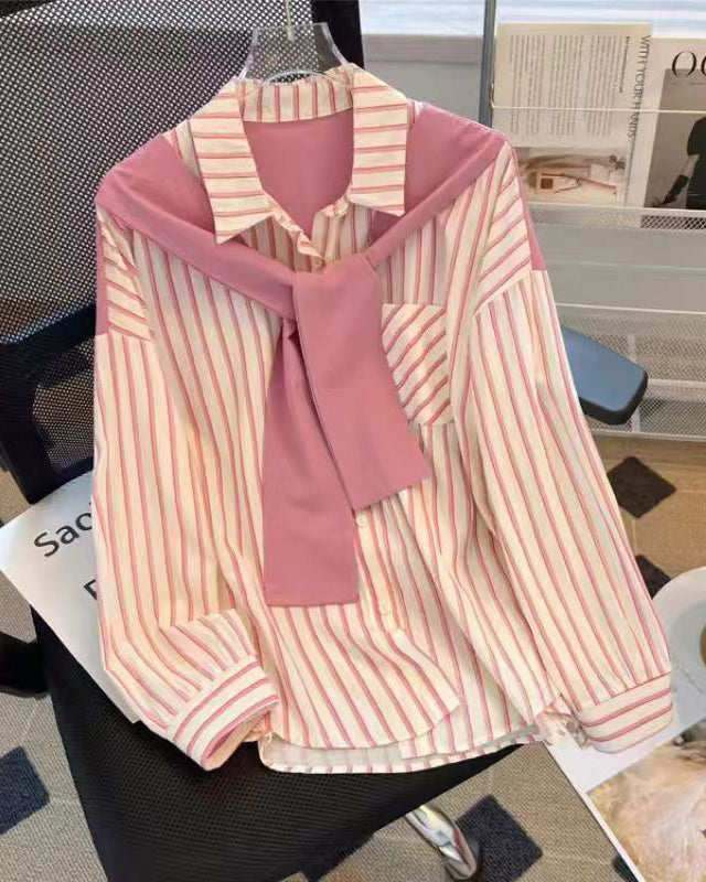 Women's 2 in 1 Striped Button Down Shirt with Attached Tie Shawl