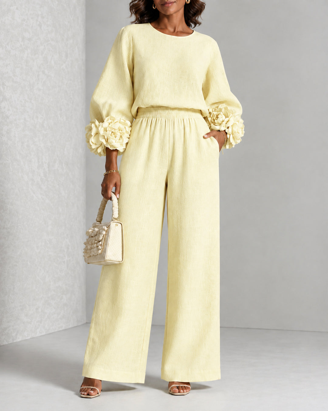 Women 3D Flower Cuff Top & Wide Leg Pants Matching Set Elegant 2 Piece Outfit