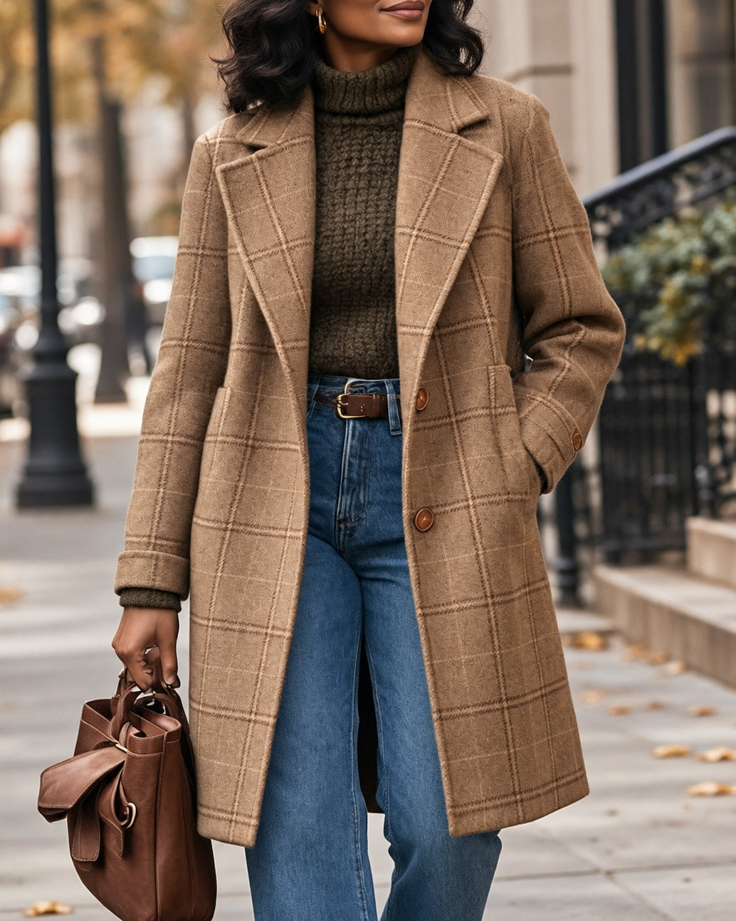 Women's Plaid Wool Blend Long Coat