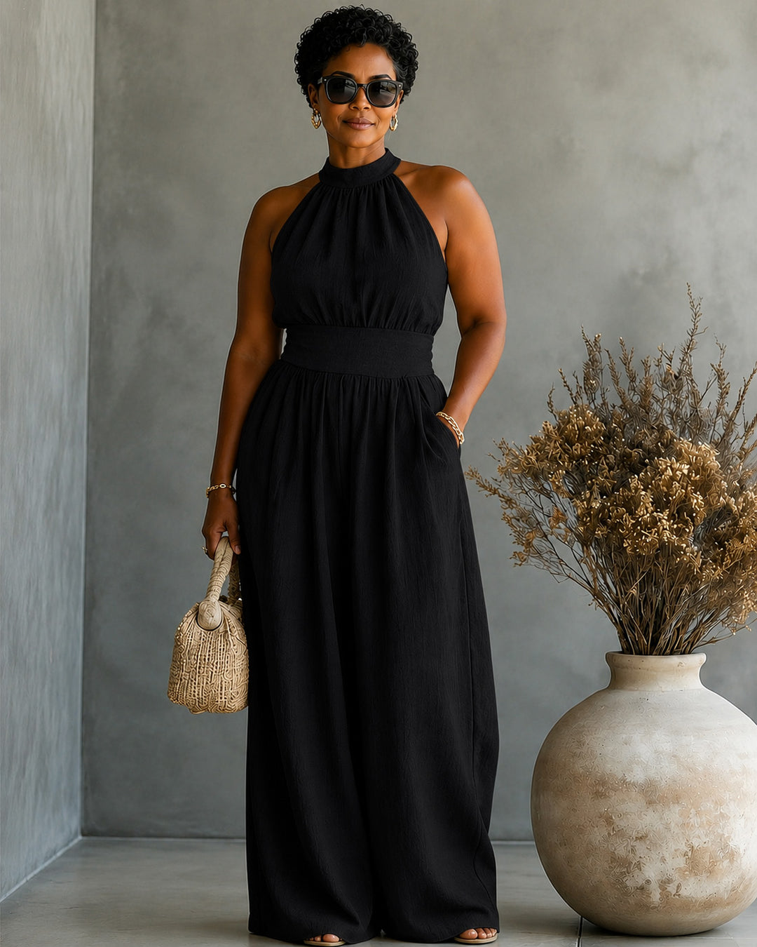 Sleeveless Halter Neck Loose Wide-leg Jumpsuit
