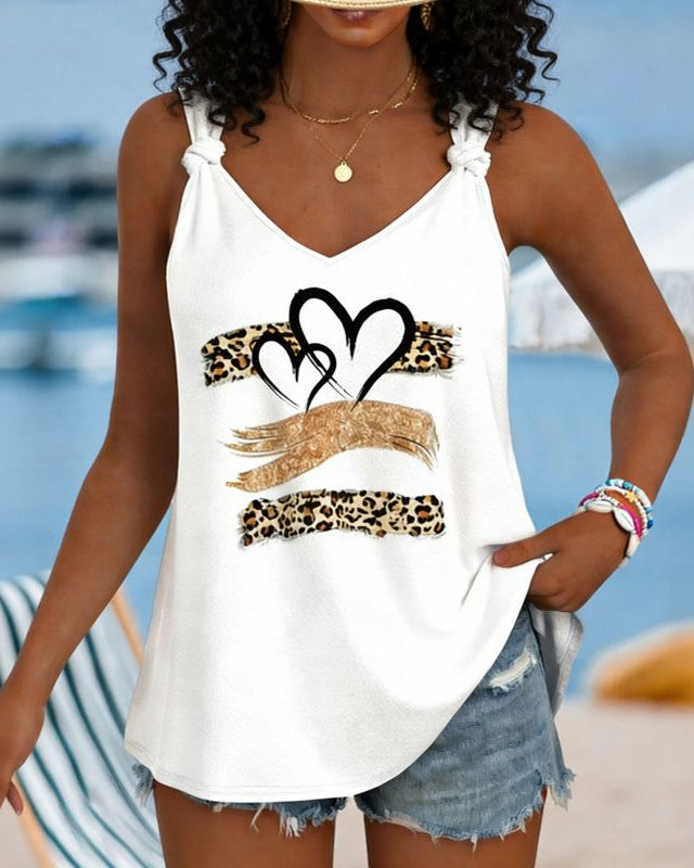 Leopard Print Heart Print Lace-up Design Casual Vest
