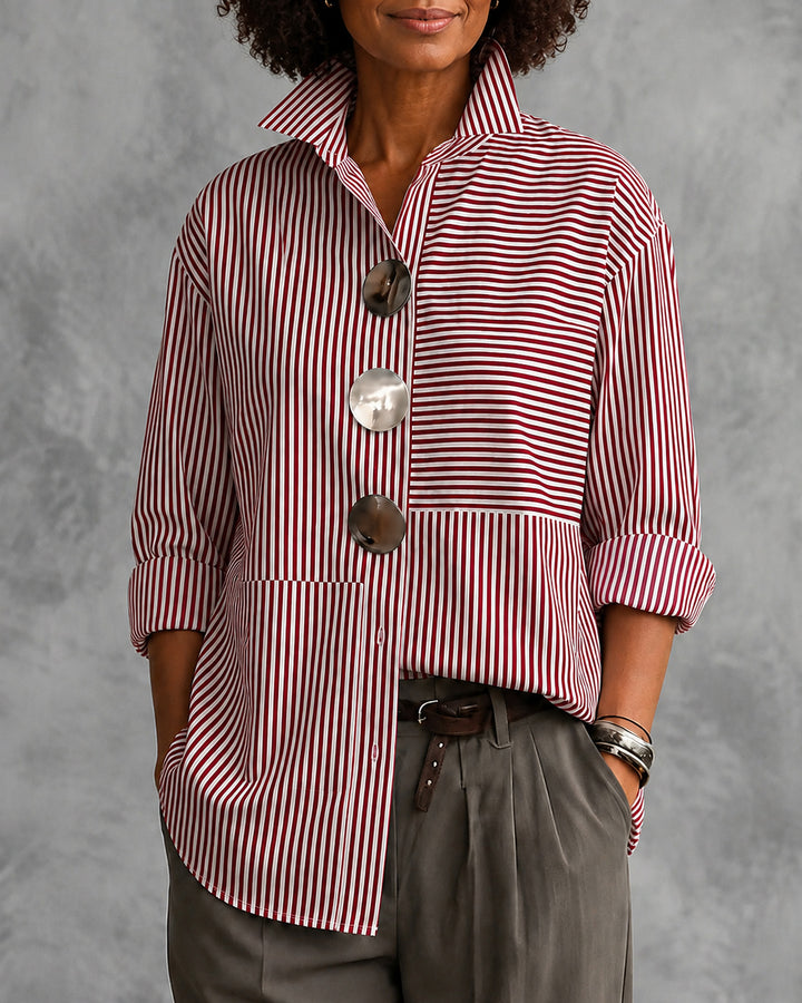 Irregular Stripes Stand Collar Long Sleeve Shirt with Metal Buttons