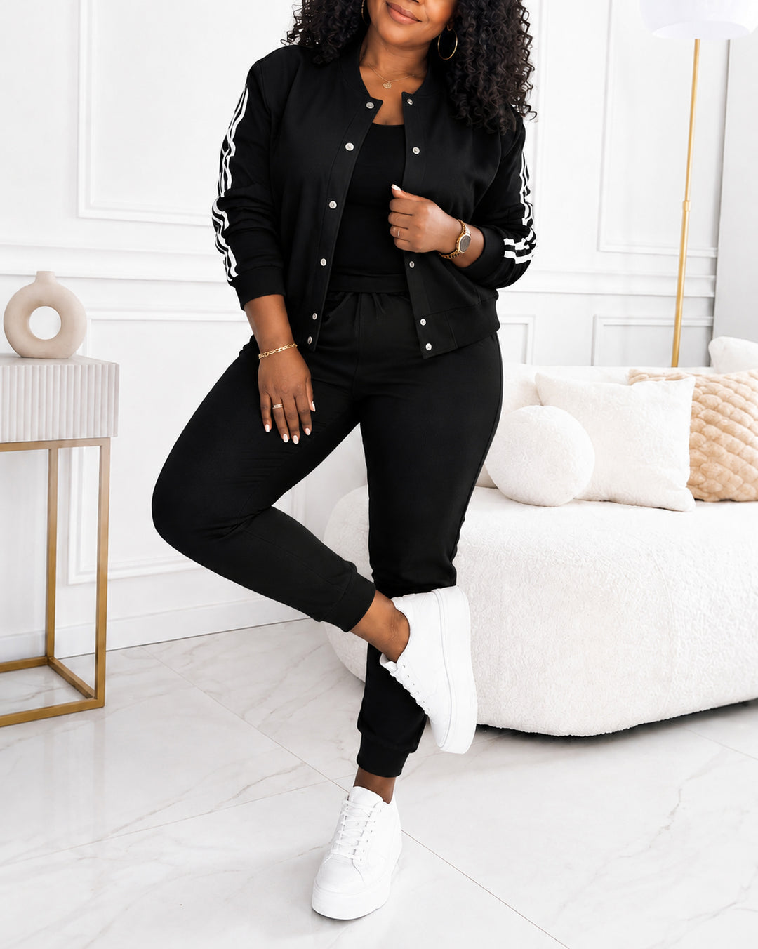 Women's 3 Piece Outfit Set Striped Sleeve Bomber Jacket Cami Top & Drawstring Jogger Pants Casual Tracksuit