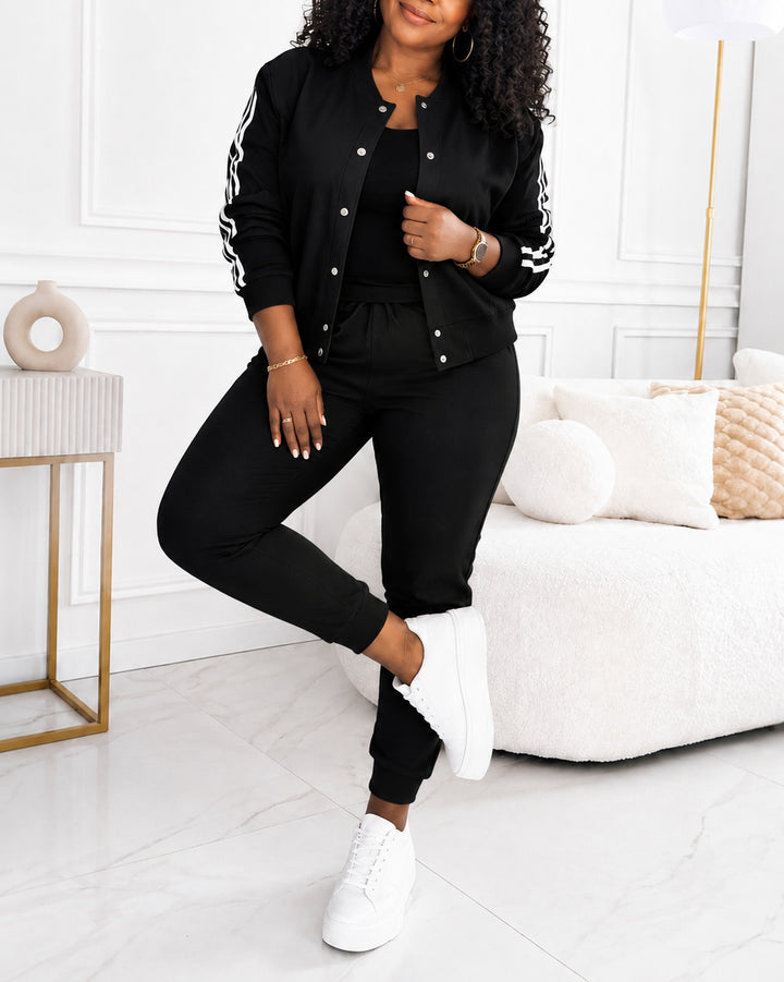 Women's 3 Piece Outfit Set Striped Sleeve Bomber Jacket Cami Top & Drawstring Jogger Pants Casual Tracksuit