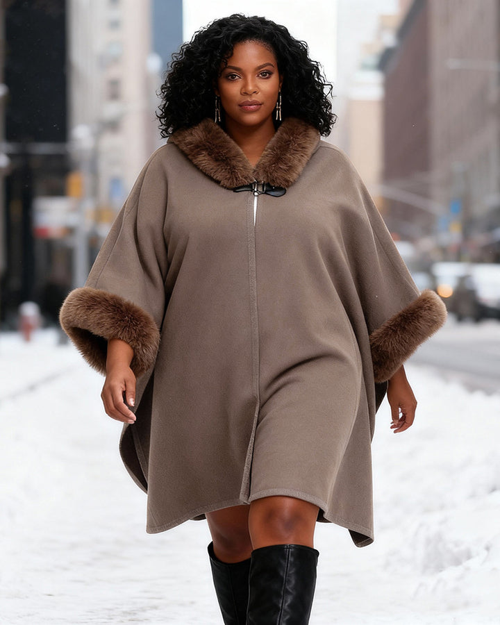 Imitation Rex Rabbit Fur Collar Hooded Shawl Poncho Large Size Woolen Coat