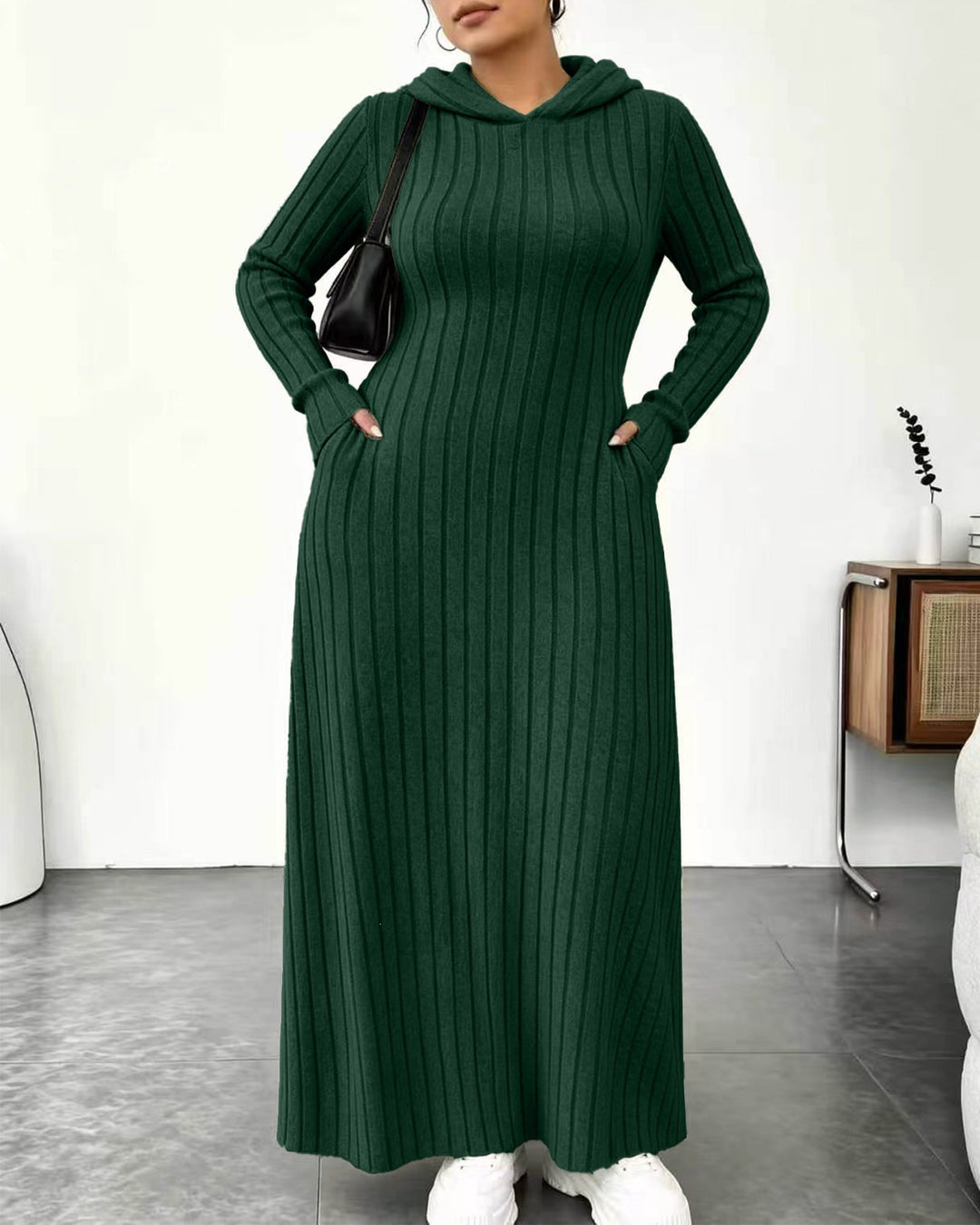 Plus Size Ribbed Hooded Pockets Maxi Dress