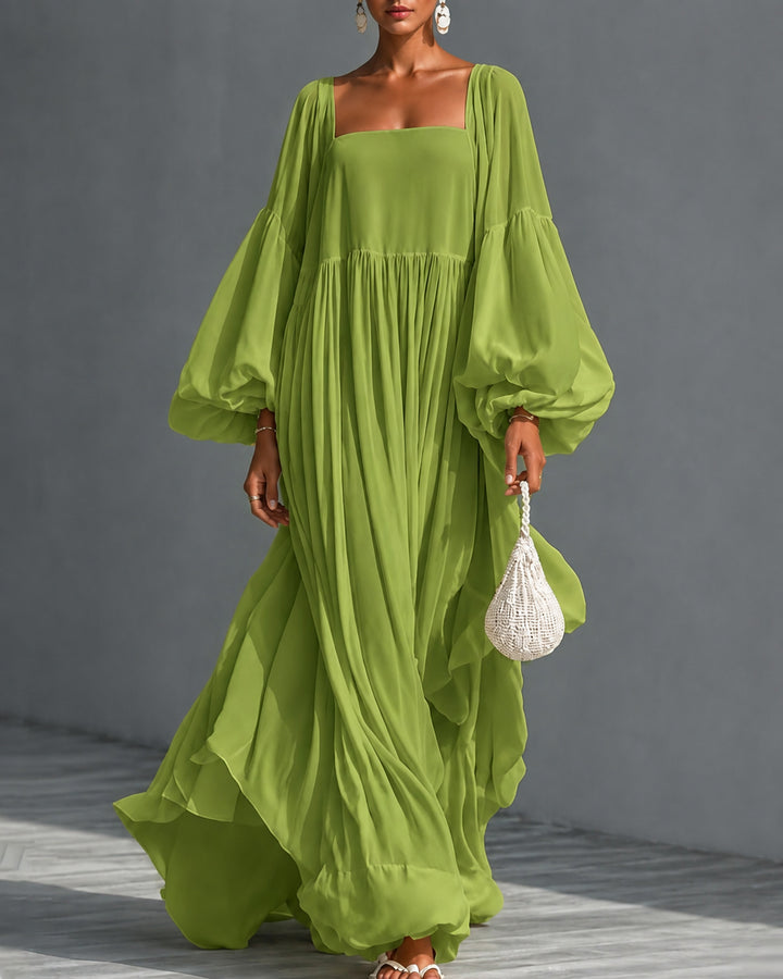 Square Neck Balloon Sleeve Chiffon Maxi Dress