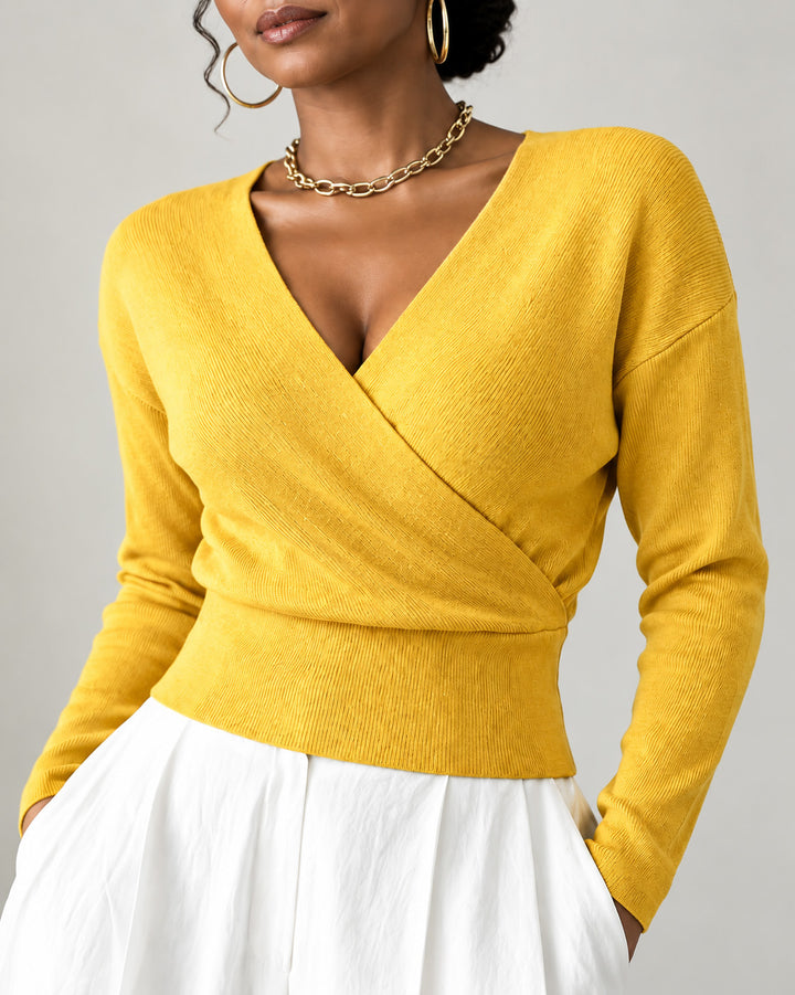Women's Wrap V Neck Ribbed Knit Top
