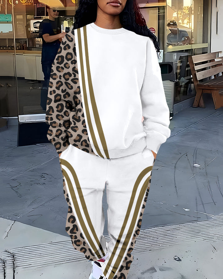 Leopard Stripe Patchwork Crew Neck Sweatshirt Two Pieces Set