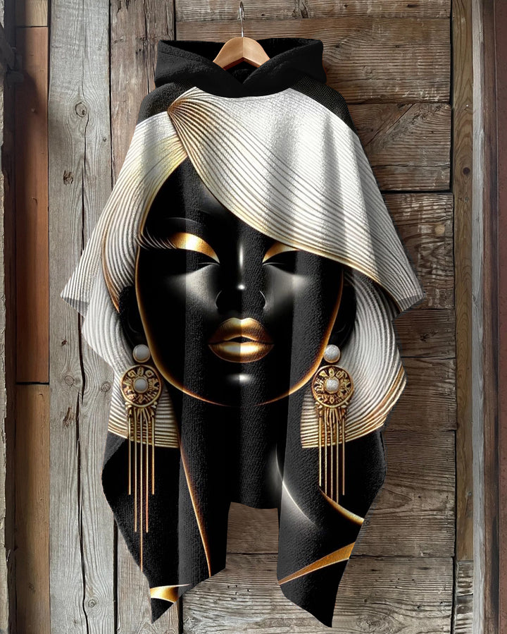 Girl with Gold-colored Striped Lips Fleece Hooded Loose Cape