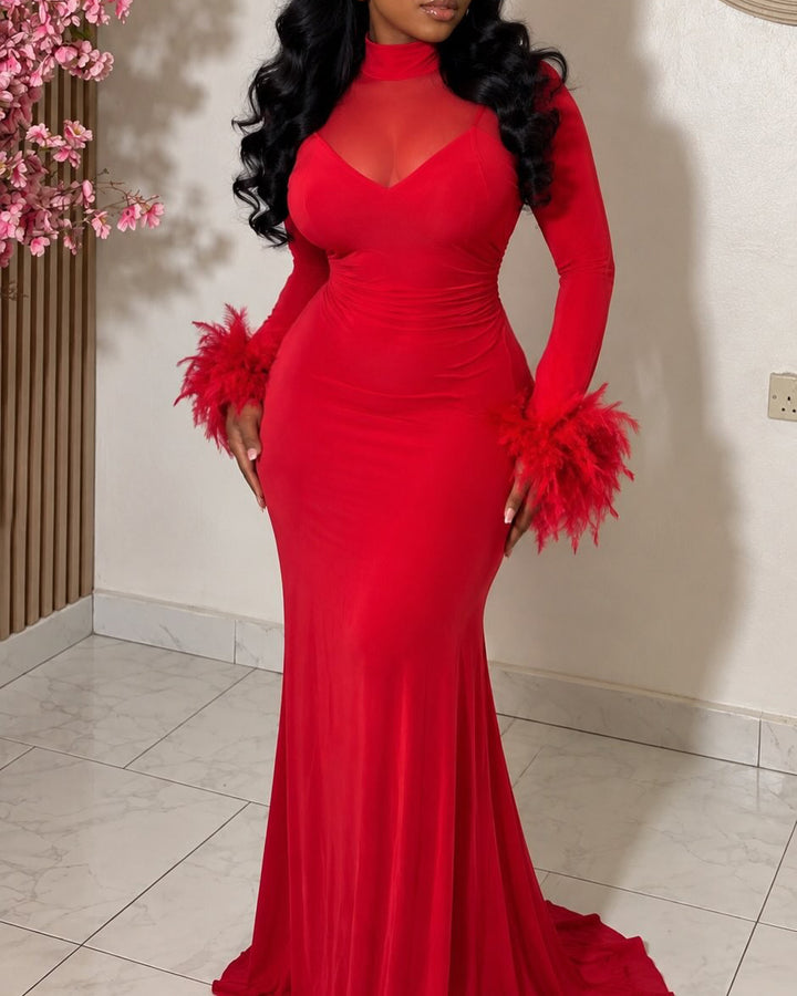 Women Sheer Mesh Long Sleeve Feather Cuff Maxi Dress