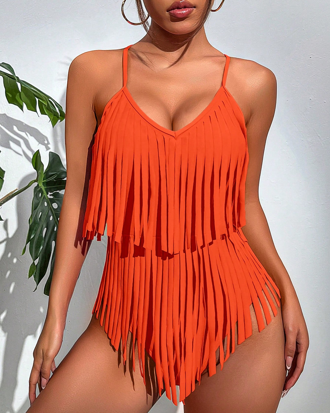 V-neck Backless Tassel One-piece Swimsuit