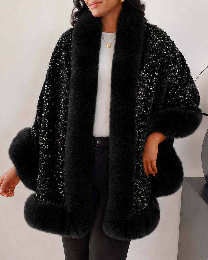 Sequined Fur-trimmed Cape-style Shawl Coat