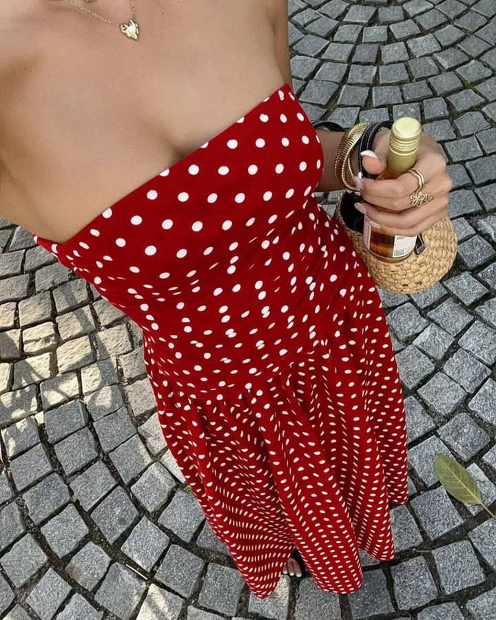 Women's Polka Dot Strapless Maxi Dress Sleeveless A Line Flared Knitted Fabric Casual Dress