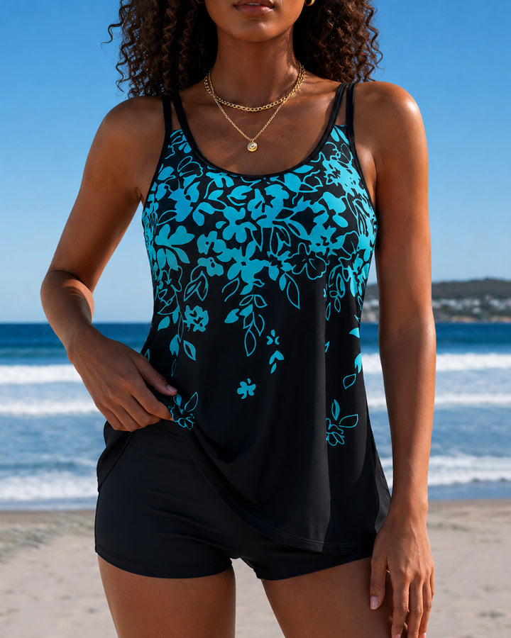 Blue Floral Swimsuit and Briefs Two-piece Swimsuit Set