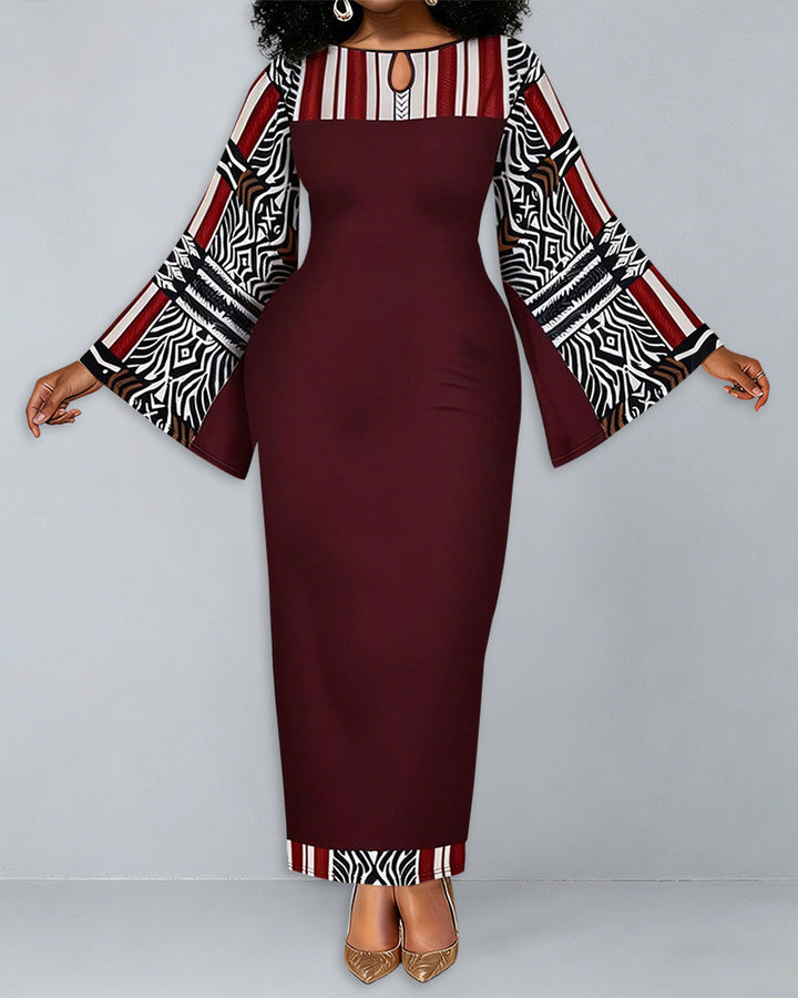 Geometric Totem Splicing Round Neck Bell Sleeve Bodycon Long Dress