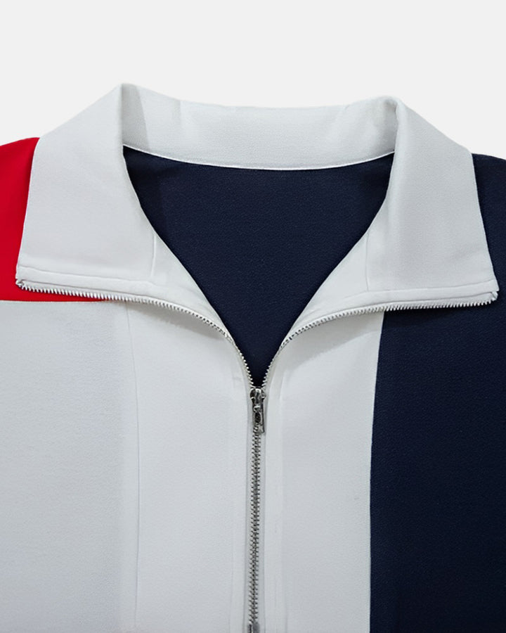 Color Block Zipper Stand Collar Polo Mini Dress