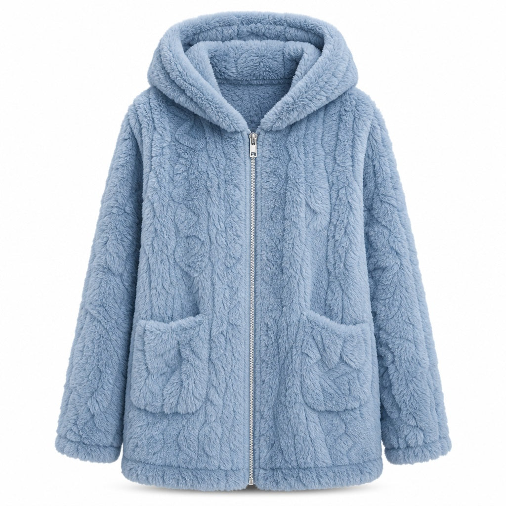 Women's Hooded Sherpa Fleece Full Zip Cable Textured Jacket