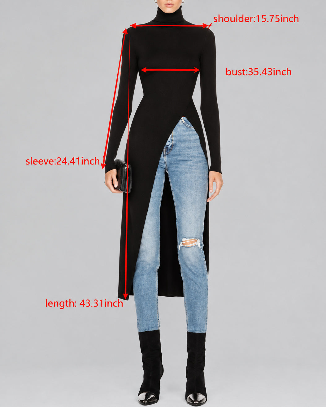 Women's Turtleneck Long Sleeve Maxi Tunic Top