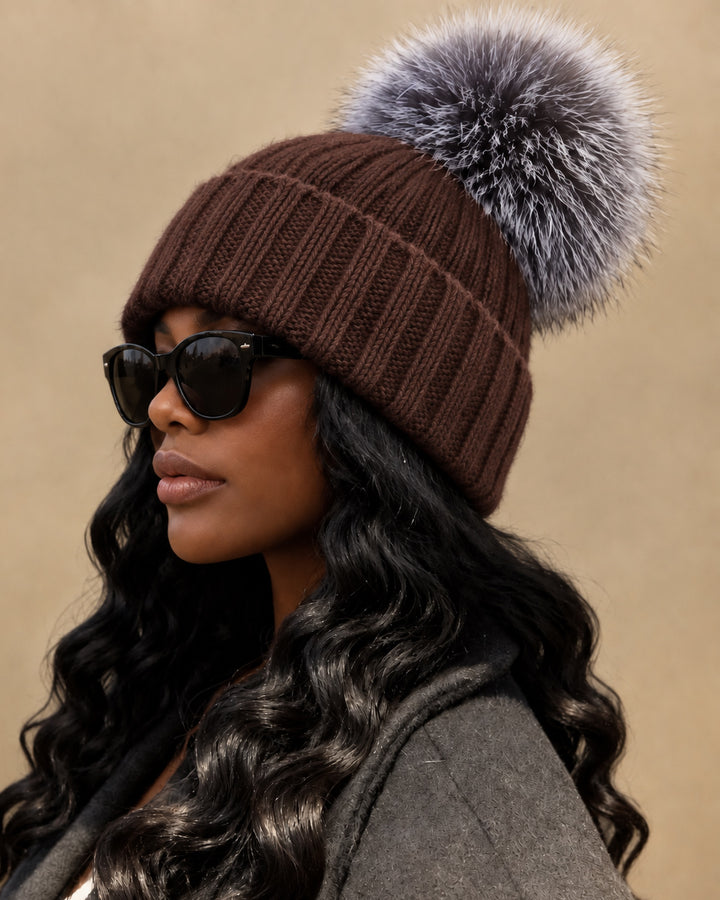 Women Ribbed Knit Beanie Hat with Large Faux Fur Pom Pom