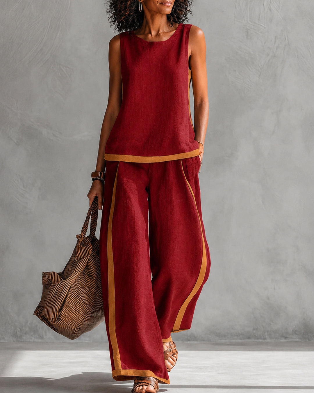 Simple Striped Crew Neck Sleeveless Top & Wide Leg Pants Two Piece Set