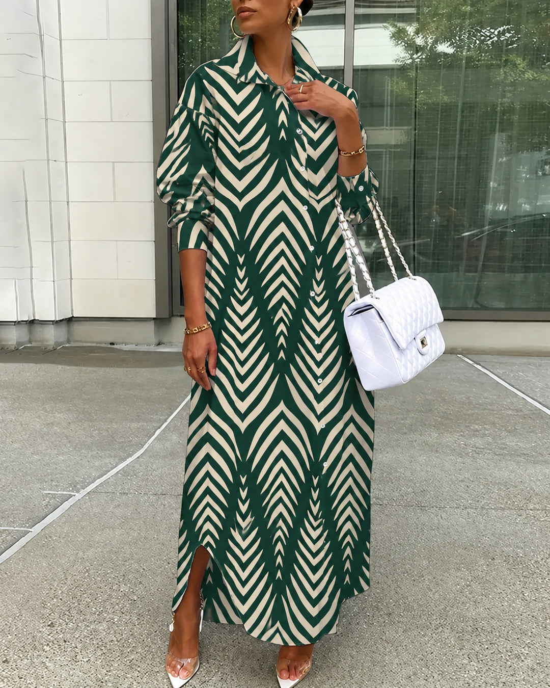 Irregular Stripe All-over Print Collared Button-Front Shirt Maxi Dress