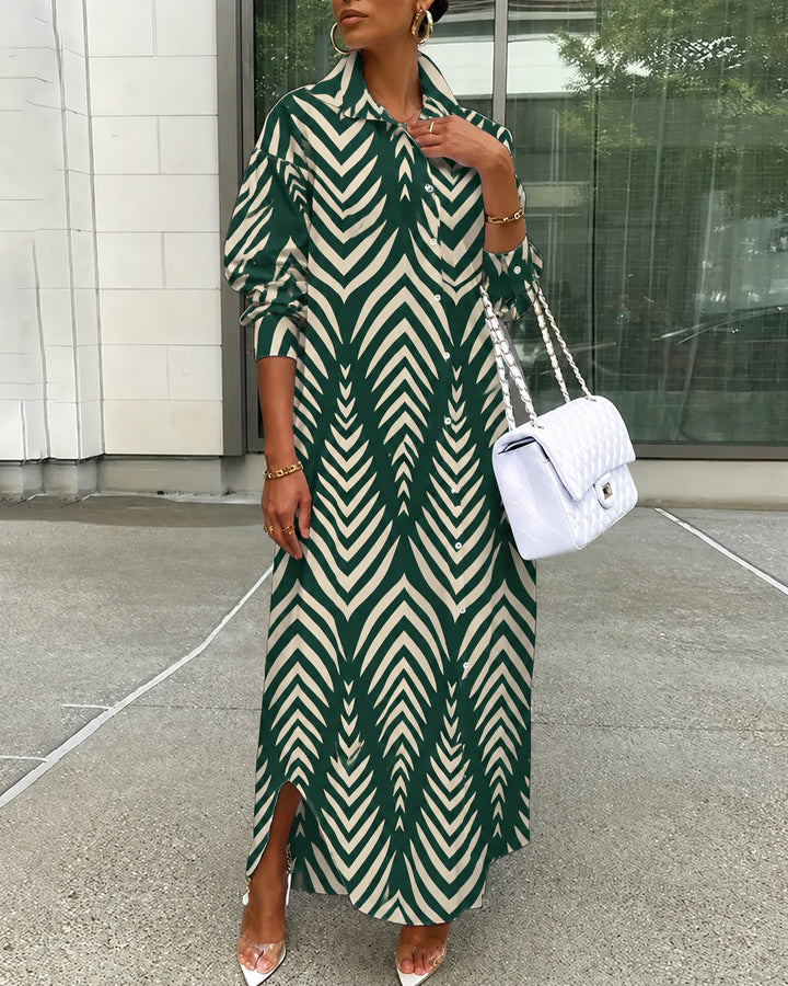 Irregular Stripe All-over Print Collared Button-Front Shirt Maxi Dress