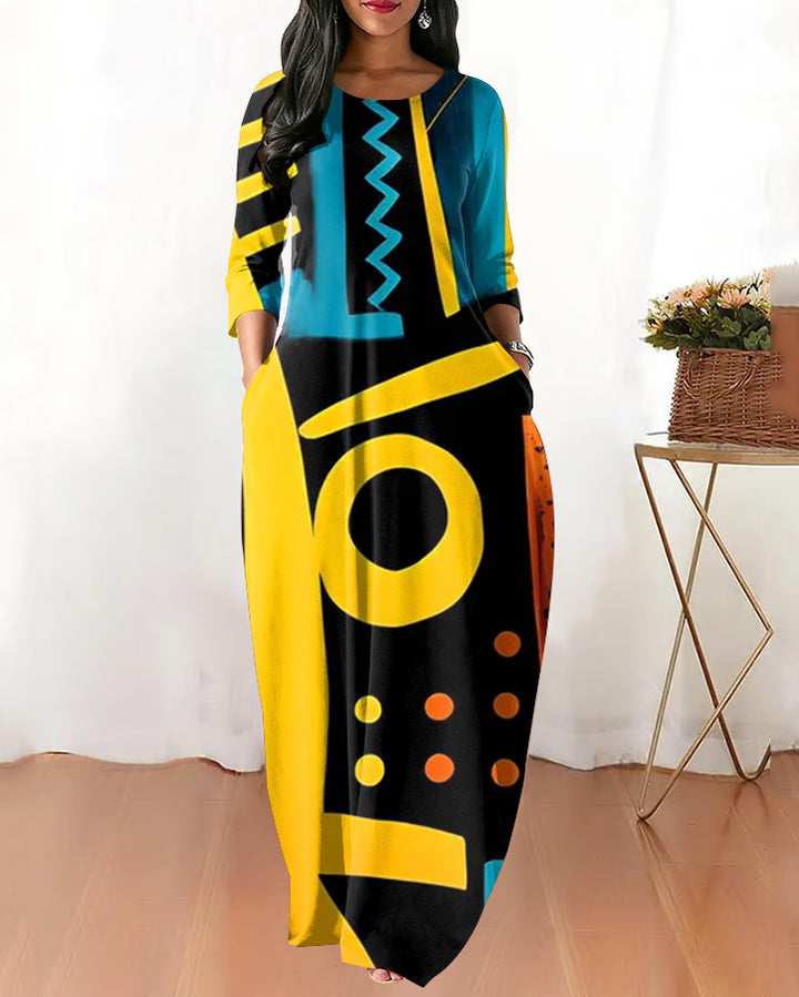 Round Neck African American Art Long Sleeves Maxi Dress