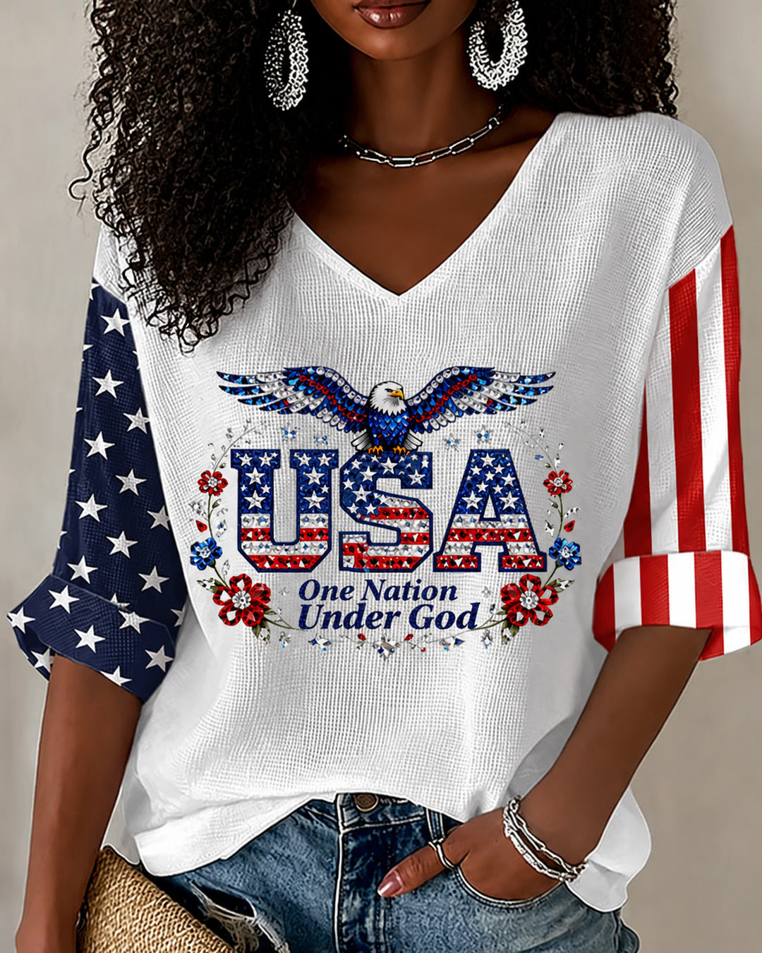 250 Years 1776-2026 Print V-neck Half Sleeved Loose Top