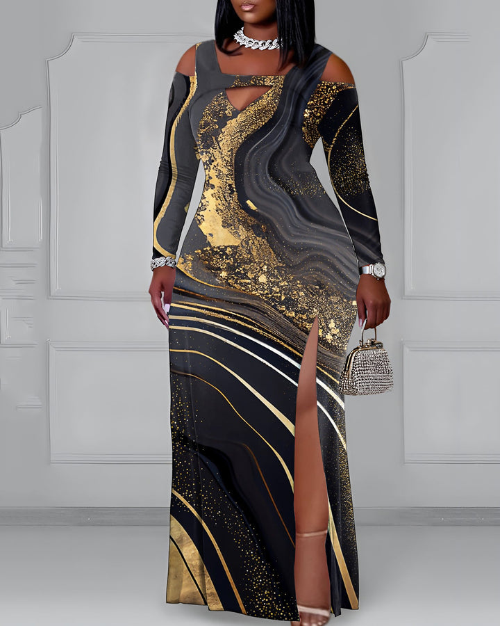 Cutout Off-shoulder V-neck Marble Texture Long Sleeve Bodycon Party Dress