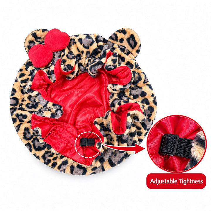 Women's Leopard Print Plush Hair Bonnet with Big Red Bow