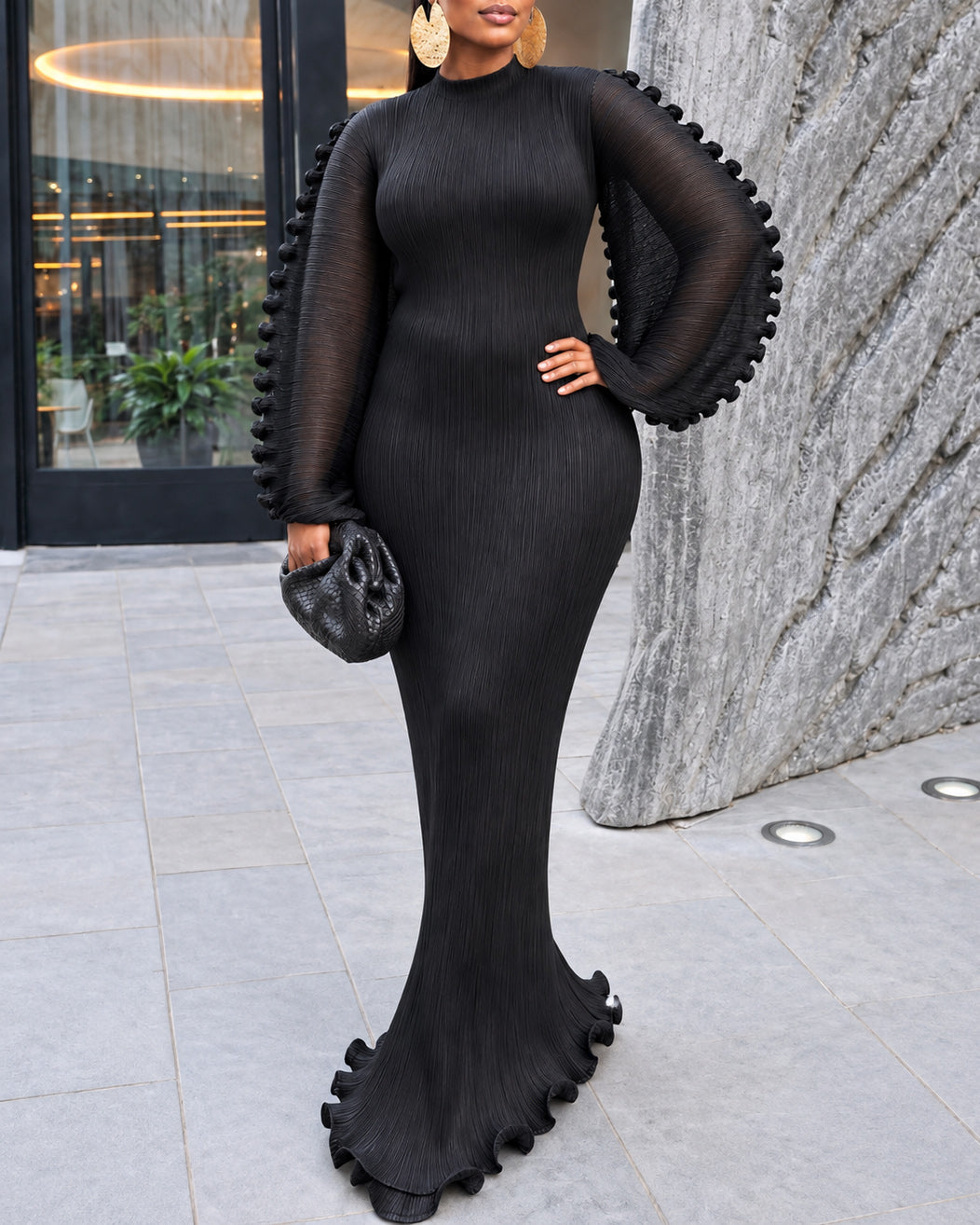 Women's Pleated Mock Neck Ruffled Puff Long Sleeve Mermaid Maxi Dress