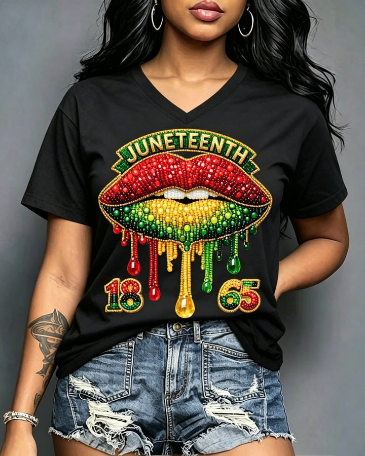 100% Cotton Juneteenth 1865 Lips Breaking Every Chain V Neck Short Sleeve Tshirt