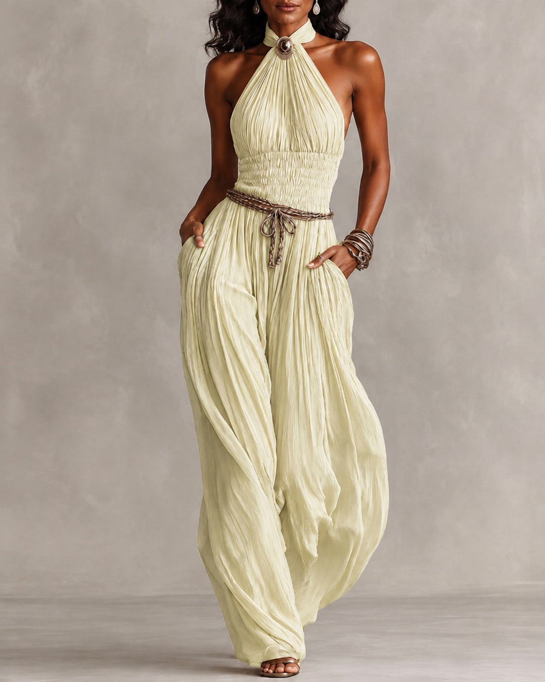 Bohemian Halter Neck Wide-Leg Jumpsuit
