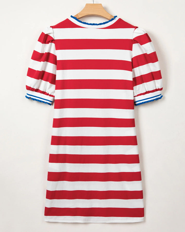 Round Neck Puff Sleeve Minimal Striped Casual Dress