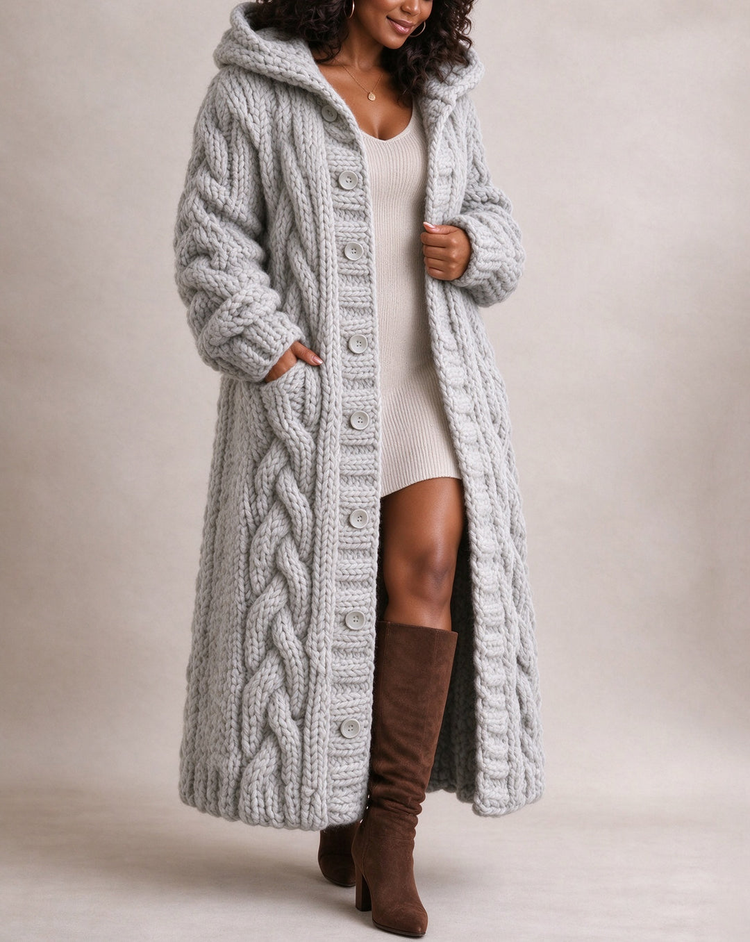 Women's Chunky Cable Knit Oversized Long Sleeve Button Down Hooded Cardigan