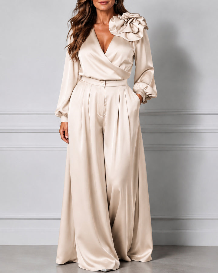 V-neck Satin Long-sleeved Top with Three-dimensional Floral Design and Wide-leg Pants Set