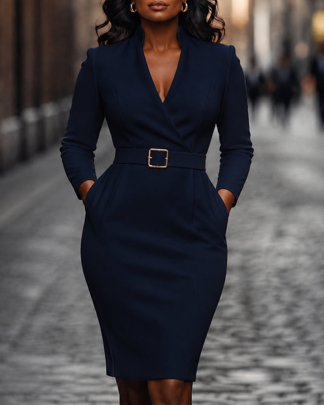 Belted Midi Dress with Structured Collar Includes Belt