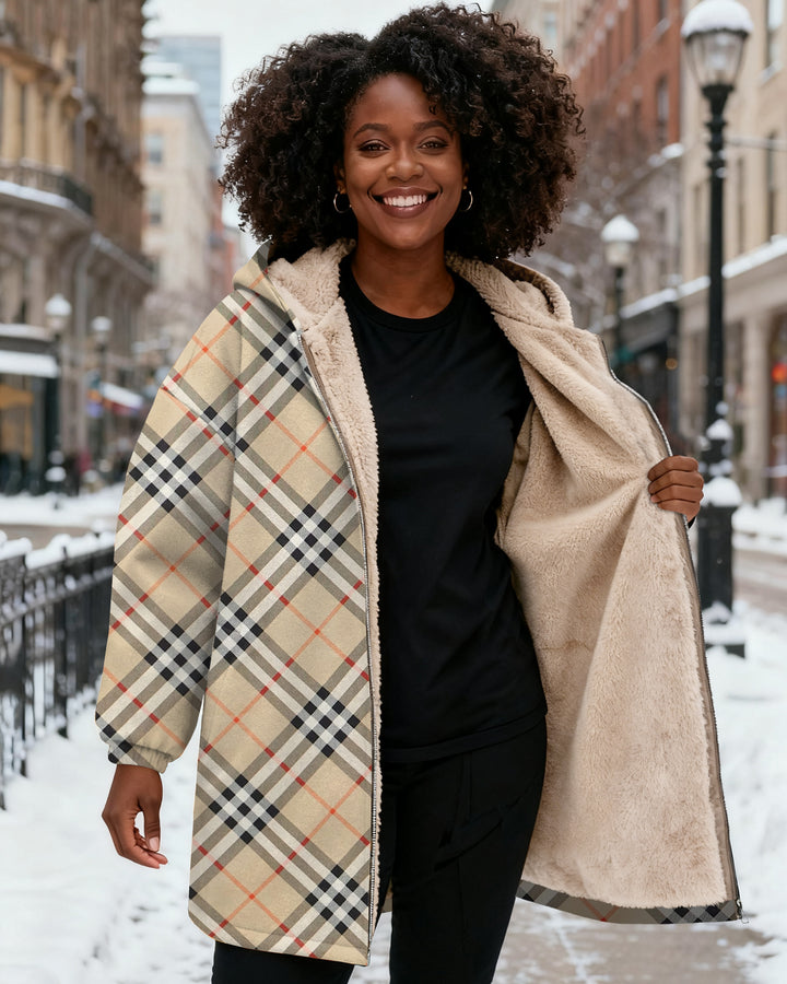 Simple Plaid Stripes Long Sleeve Zip-Up Fleece Long Hoodies