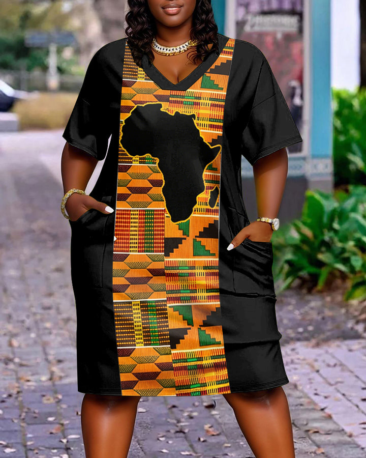 Geometric Print of African Map Pocket Casual Dress