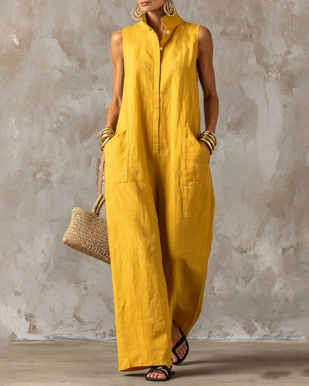 Stand-up Collar Sleeveless Linen Button-down Loose Wide-leg Jumpsuit