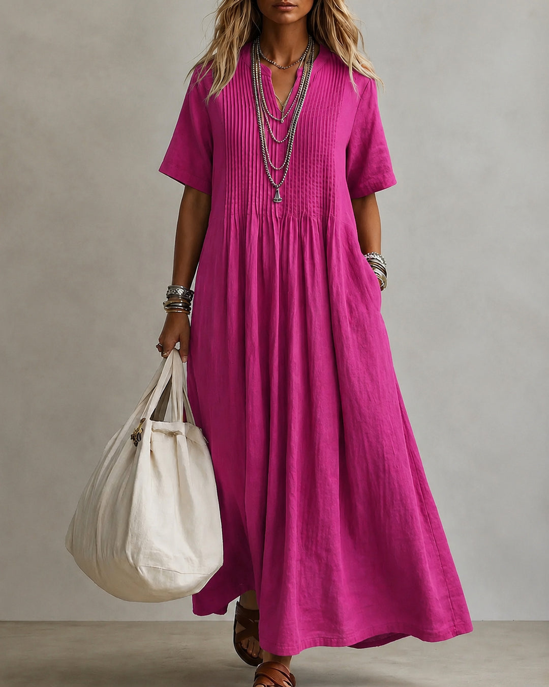 Loose V-neck Short-sleeved Pleated Cotton-linen Dress