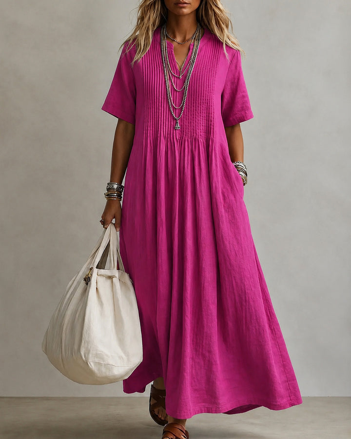 Loose V-neck Short-sleeved Pleated Cotton-linen Dress