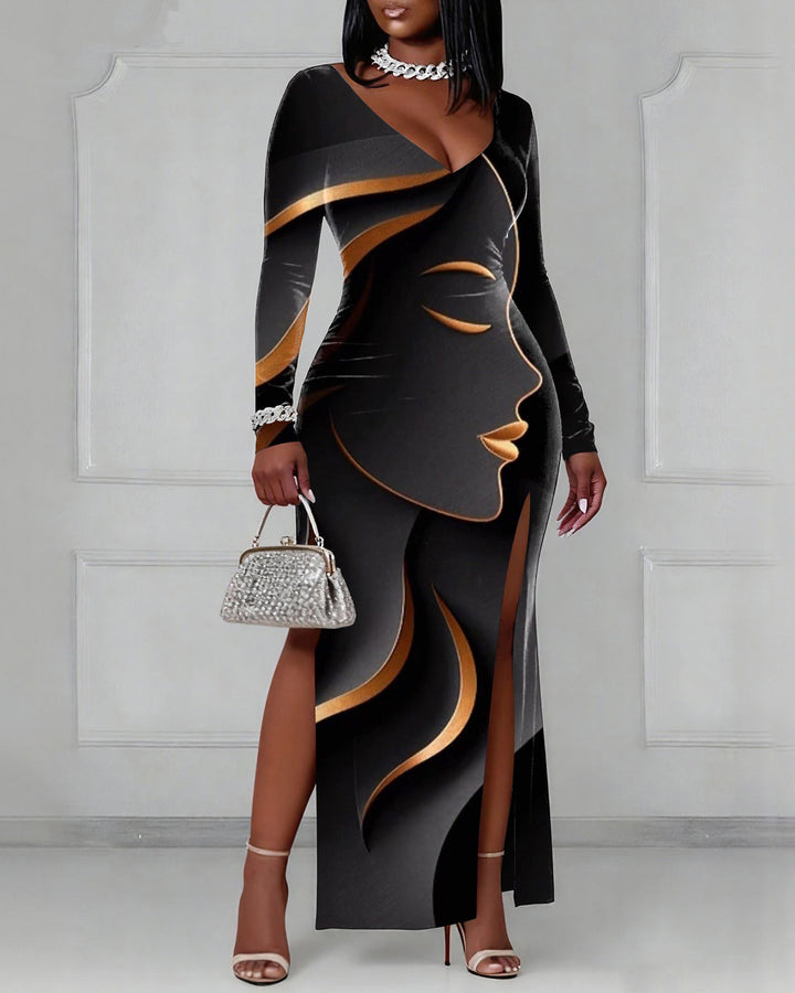 V-neck Women's Party Wear Striped Girl's Face Long Sleeve Bodycon Dress