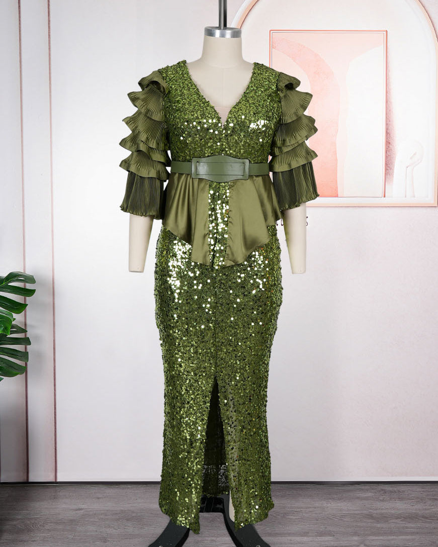 Plus Size Sequin Deep V Multi‑Layer Ruffle Sleeve Peplum Slit Maxi Evening Gown