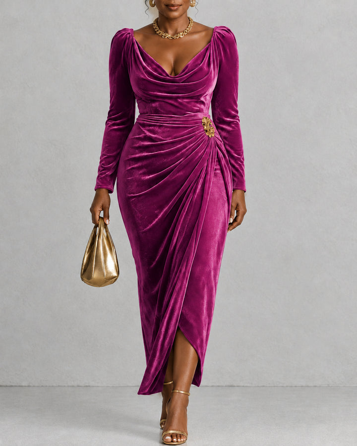 Cowl V Neck Long Sleeve Wrap Ruched Bodycon Dress