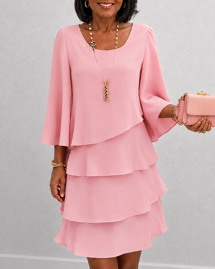 Round Neck Three-quarter Sleeves Elegant Layered Ruffle Dress